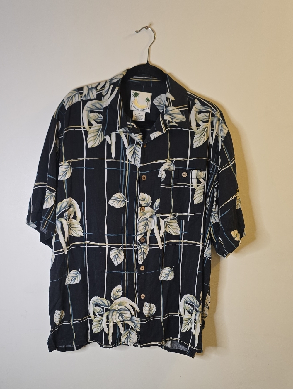 Banana Cabana Men's XL‎ Black 100% Silk Tropical Floral Hawaiian Camp Shirt